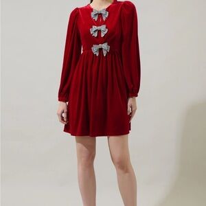 Sugarlips Red Long Sleeve Dress with Silver Bows